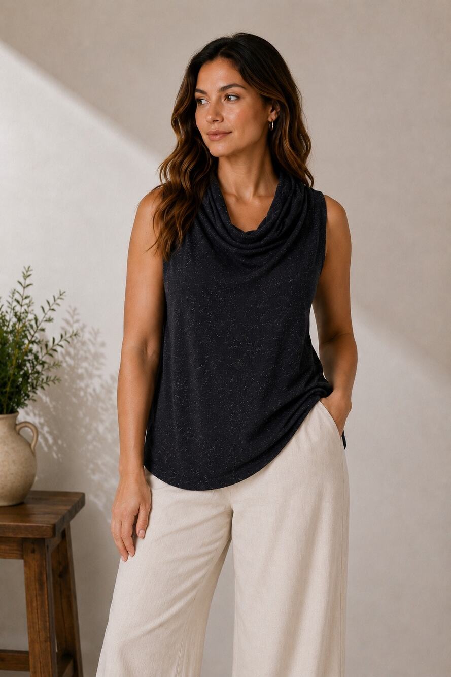 Chico’s Cashmere Blend Sleeveless Cowl Neck Sweater Black Metallic Knit Top 2